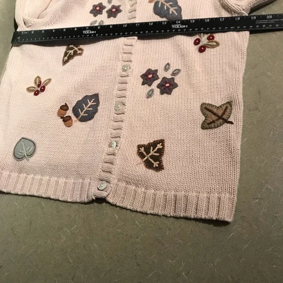 Vintage Cozy Ramie Cotton Blend Cardigan Fall Leaves Appliqué - Picture 9 of 10